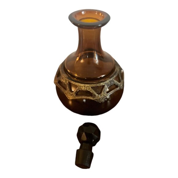 Amber Decanter, Vase Skinny Neck Round Bottom, Metal Accent Ring 7" Tall Stopper - Picture 2 of 9